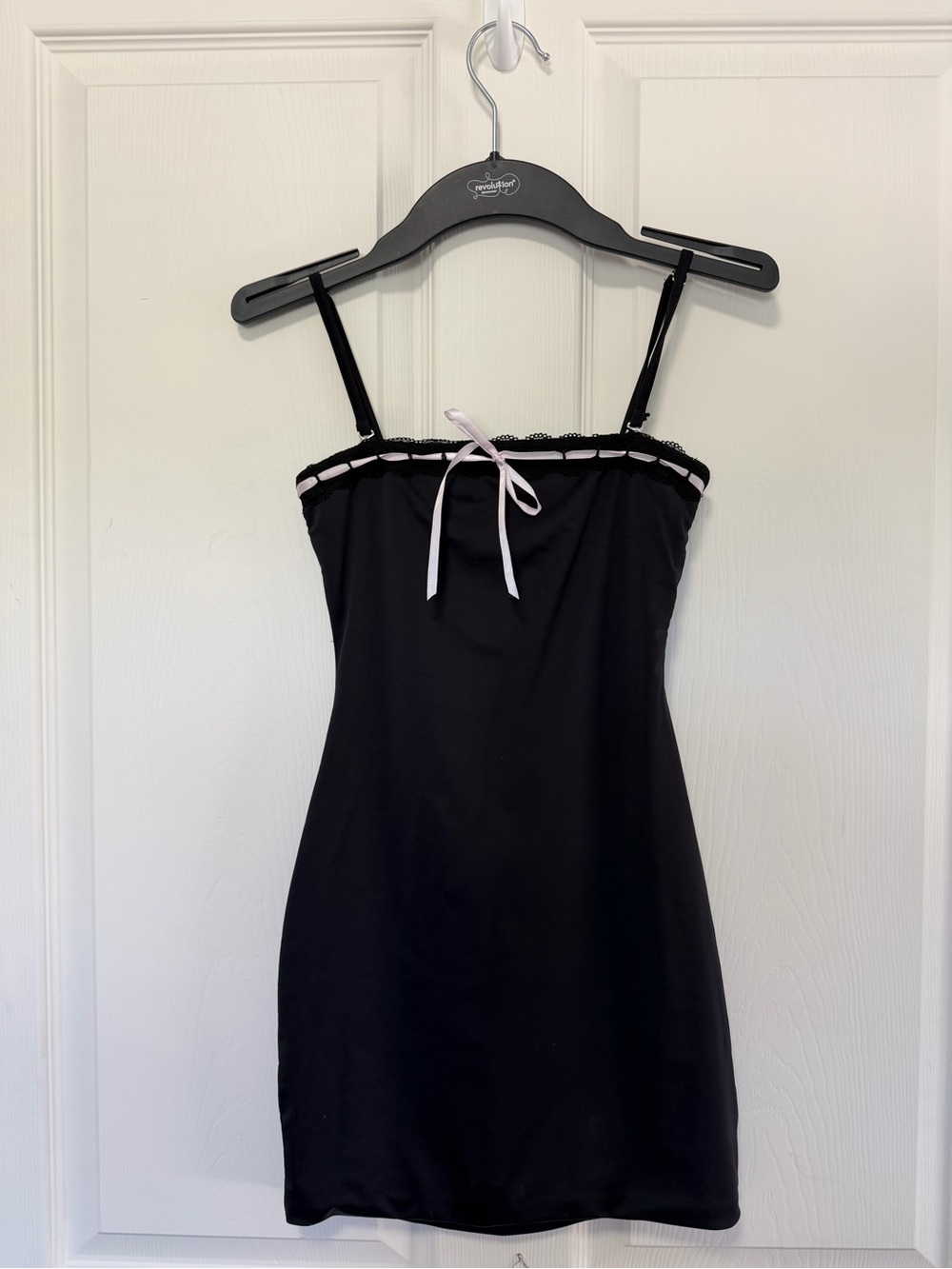 Katie J NYC Black Mini Slip Dress with Pink Bow